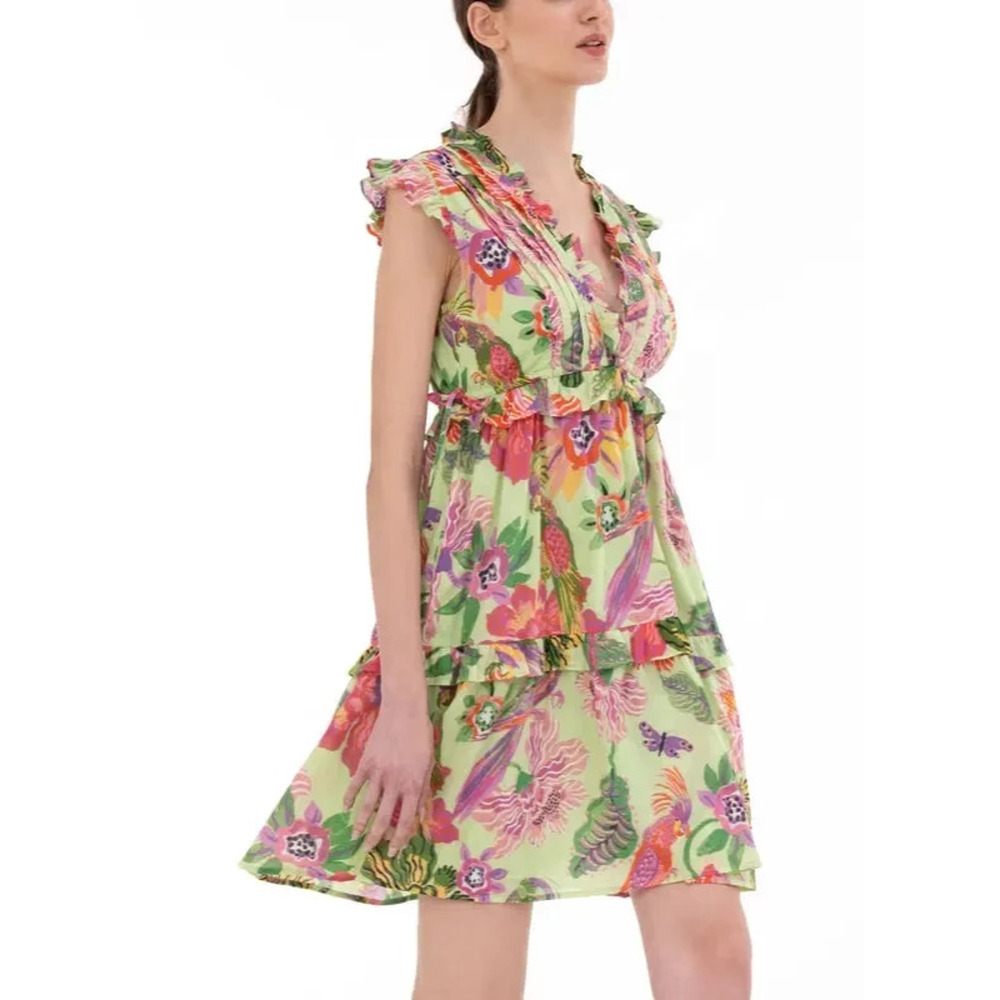 Banjanan Parrot Tropical Floral Mini Dress Ruffle Pleated Cotton Tie Green Large